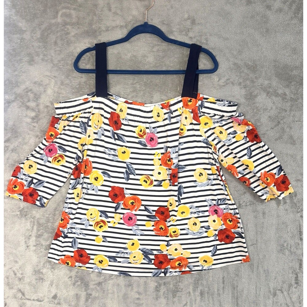 Lane Bryant Top Womens 18/20 Floral Striped Cold Shoulder Blouse Plus Size